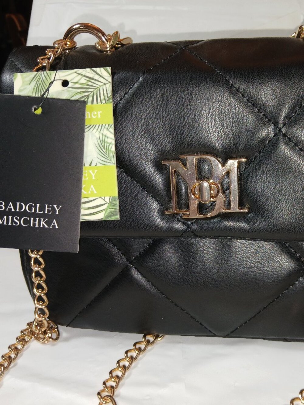 Badgley Mischka Black Quilted Chain Crossbody Vegan Leather Letter Lock Bag NWT